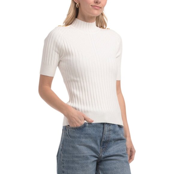 RAFIANA Ribbed Short Sleeve Turtleneck Sweater - Picture 1 of 3
